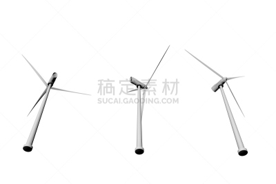 风,风轮机,三维图形,绘画插图,三个物体,动力设备,分离着色,看风景,在底端,白色背景