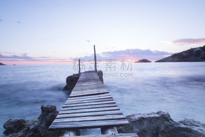 伊比沙岛,海滩,码头,海湾,德霍特海湾,栈桥码头,水平画幅,无人,曙暮光,巴利阿里群岛