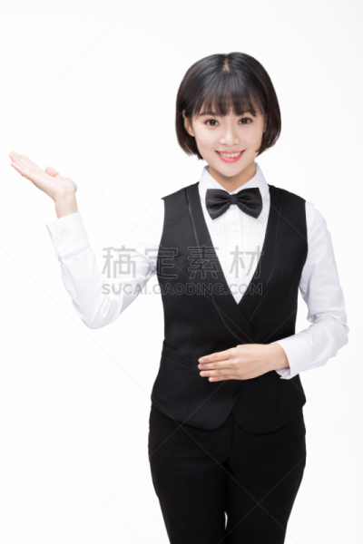 白领,青年人,女性,白色,影棚拍摄,仆人,哑语,领结,垂直画幅,办公室