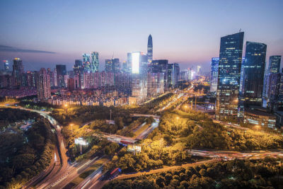 深圳,摩天大楼,广东省,长时间曝光,路灯,水平画幅,夜晚,无人,曙暮光,东亚