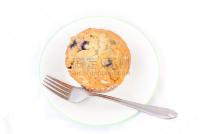 盘子,分离着色,蓝莓松饼,动物嘴,水平画幅,烘焙糕点,偏远的,饮料,特写,叉