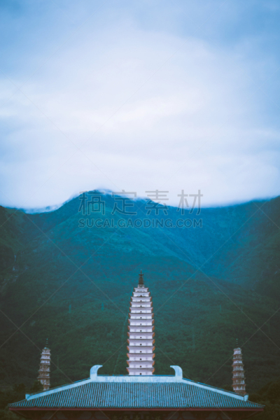 崇圣寺三塔,大理,中国,晕影效果,屋檐,阶调图片,低视角,景观设计,宏伟,宝塔