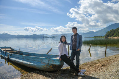 泸沽湖,丽江,青年伴侣,中国,海滩,浪漫,船,平和,异性恋,太平洋