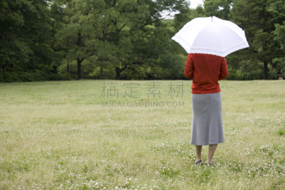 背面视角,伞,女人,看风景,紫外线辐射,水平画幅,古老的,草坪,指着,享乐