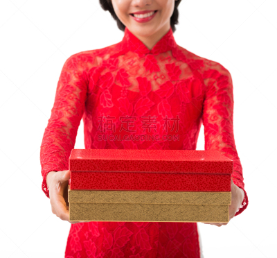 越南新年,礼物,传统,奥黛,背景分离,无法辨认的人,传统节日,女人,亚洲人种,盒子