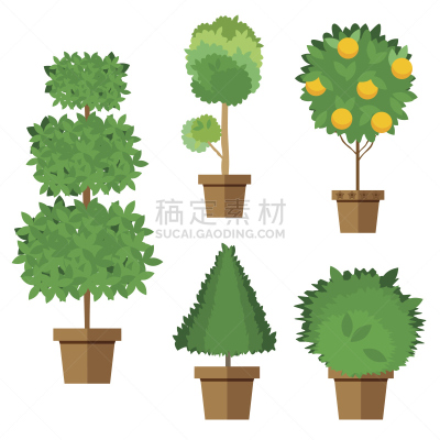 绘画插图,灌木,矢量,白色背景,锅,扁平化设计,分离着色,街道,布置,树