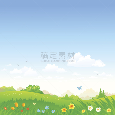 春天,草地,牧场,垂直画幅,绘画插图,天空,留白,公园,山,蝴蝶