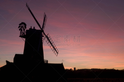 风车,cley next the sea,传统风车,诺福克,红色,水平画幅,无人,日落,摄影,剪影