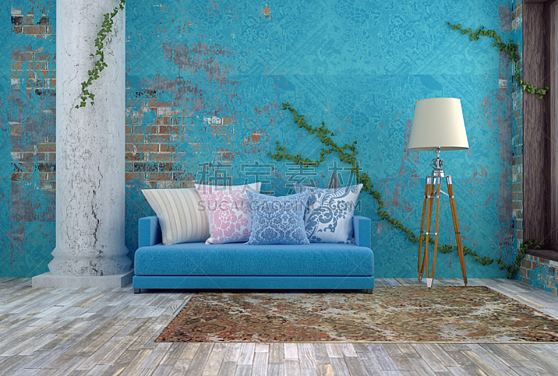 墙,色彩鲜艳,蓝色,沙发,美,水平画幅,无人,小毯子,硬木地板,砖墙