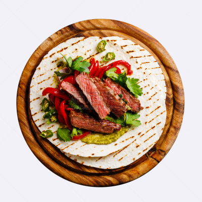格子烤肉,牛排,玉米饼,粘果酸浆,鸡肉卷,玉米粉圆饼,灯笼椒,辣酱,蔬菜,香料