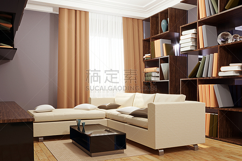 室内,三维图形,现代,起居室,书,沙发,架子,明亮,米色,木制