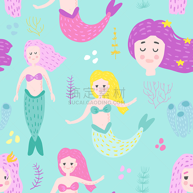 绘画插图,纺织品,四方连续纹样,矢量,可爱的,美人鱼,海洋,背景,壁纸,装饰
