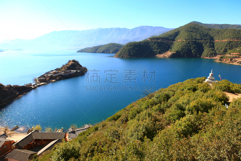 泸沽湖,云南省,全景,中国,水,天空,半岛,水平画幅,绿色,无人