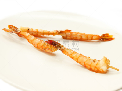 白色,虾,串肉签,日本,盘子,沙嗲,餐具,格子烤肉,水平画幅,无人