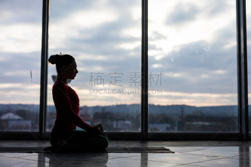 女人,瑜伽,自然美,窗户,巨大的,走廊,脊柱扭动式,伸展三角式,骆驼式,圆满坐姿