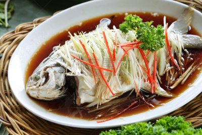 蔬菜,清蒸鱼,有包装的,褐色,液体,蒸菜,鱼类,笛鲷,酱油,黑鲈