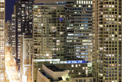 道富公司（美国软件公司）,芝加哥市,摩天大楼,夜晚,芝加哥鲁普商业区,天空,水平画幅,高视角,无人,曙暮光