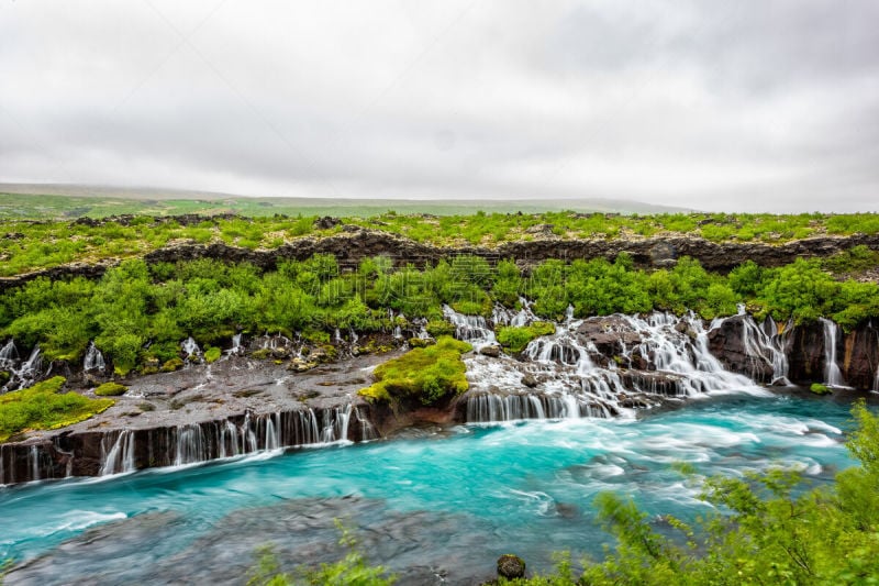 色彩鲜艳,瀑布,风景,水,雨,多云,hraunfossar,地形,蓝色,冰岛国