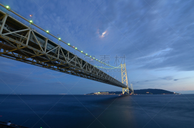 桥,明石海峡大桥,濑户内海,世界记录,水,水平画幅,夜晚,无人,月亮,运河