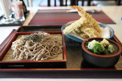 荞麦面,天麸罗,乌冬面,荞麦,长野县,褐色,水平画幅,膳食,夏天,大豆