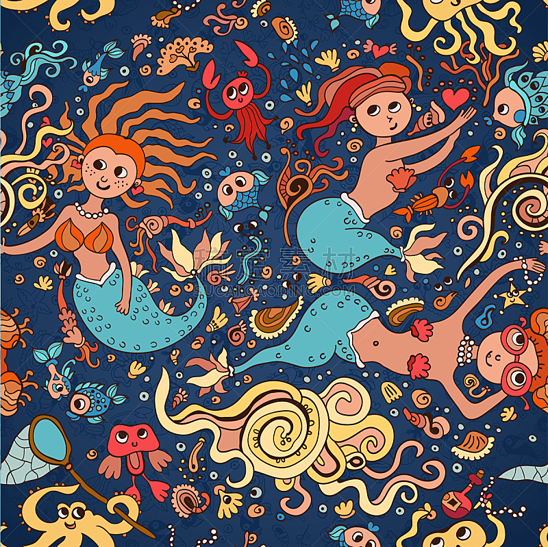 水下,四方连续纹样,天气,海洋生命,美人鱼,儿童画,仙女,公主,珊瑚