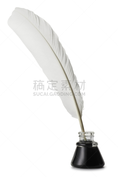 鹅毛笔,油墨缸,白色背景,分离着色,翎毛,墨水,垂直画幅,古董,无人,古老的