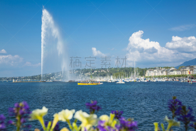 喷泉,夏天,日内瓦湖,水,天空,水平画幅,无人,海港,古城,户外