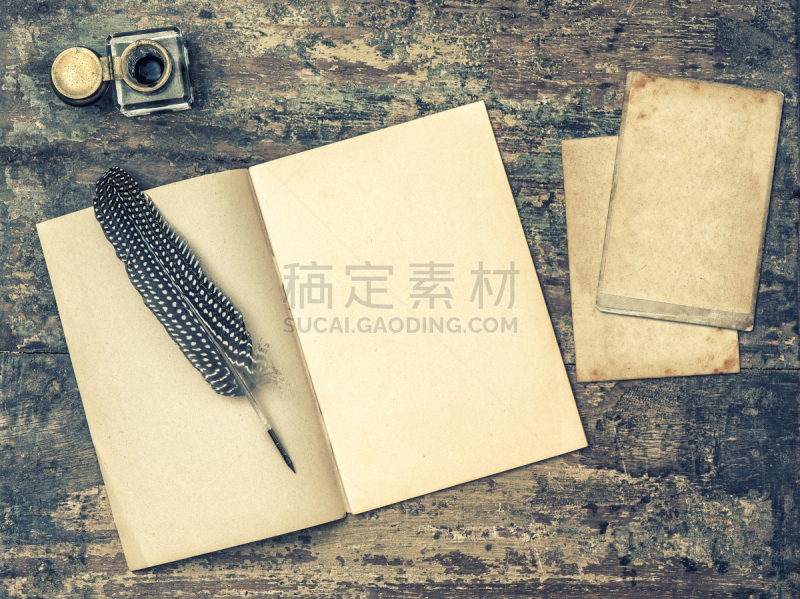 鹅毛笔,油墨缸,古董,设备用品,书,开着的,1900,空的,墨水笔,厚木板
