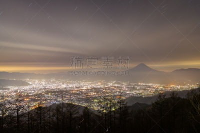 甲府市,富士山,夜晚,山,山梨县,天空,美,水平画幅,雪,无人