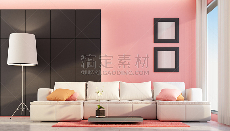极简构图,起居室,粉色,留白,地毯,灯,家具,现代,沙发,白色