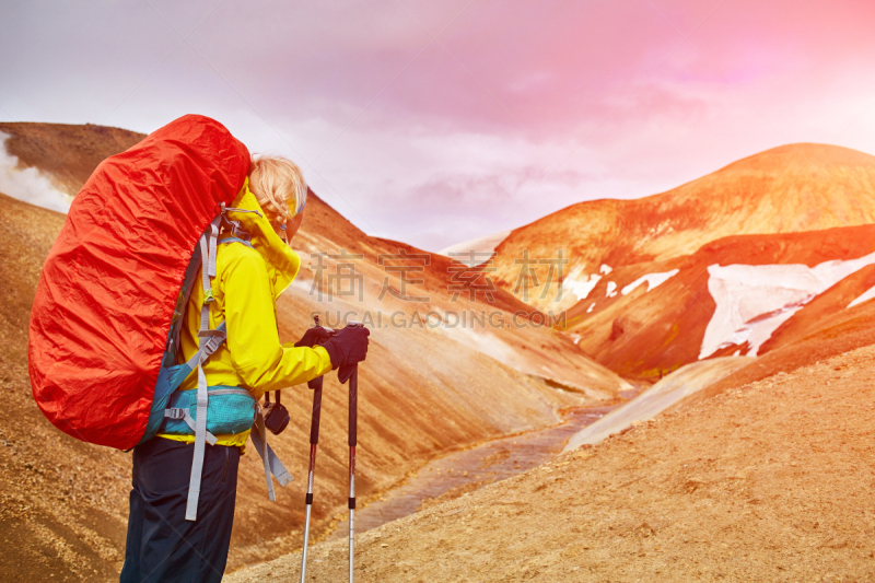 徒步旅行,山脉,冰岛,兰德玛纳,自然,水平画幅,雪,蓝色,早晨,人