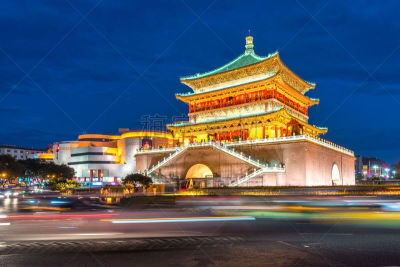 西安,钟楼,卢扎钟楼,古代文明,铃,古典风格,天空,水平画幅,夜晚,无人