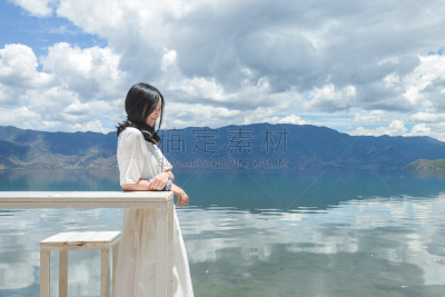 湖,桌子,高处,河岸,女孩,斜靠,水,旅行者,长发,青年人