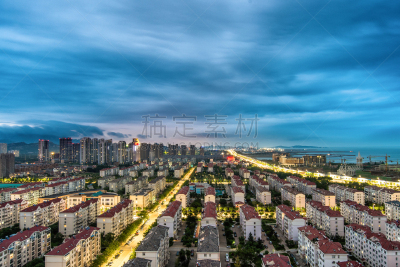 青岛海滩,城市天际线,青岛,山东省,天空,水平画幅,高视角,夜晚,无人,曙暮光