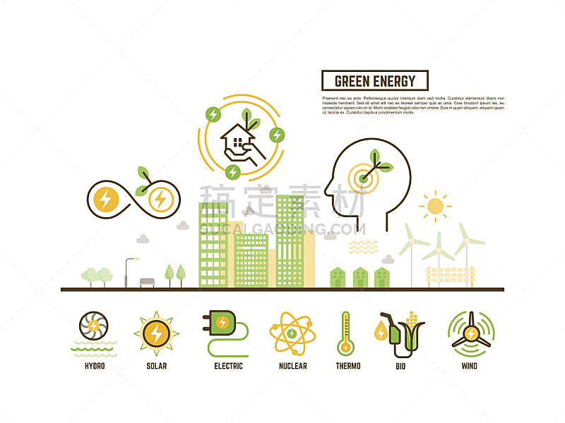 绿色,概念,环境,替代能源,风,太阳能,能源,绘画插图,涡轮