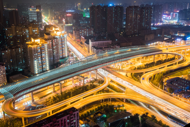 夜晚,城市,特写,高架桥,交通堵塞,立交桥,路口,高峰时间,水平画幅,交通