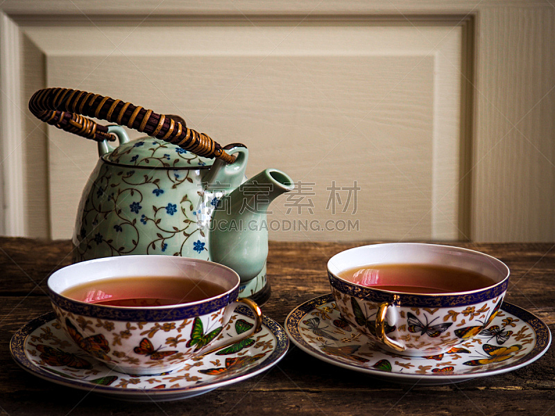 茶壶,桌子,茶包,特写,木制,茶杯,水,空白的,褐色,早餐