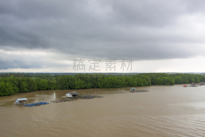 渔镇,泰国湾,罗勇,养鱼场,红树林,渔业,水,天空,风,暴风雨