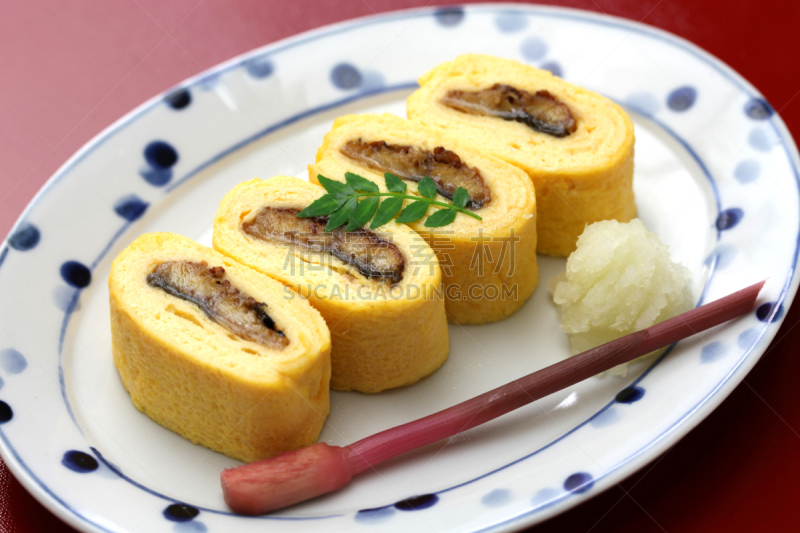日本,蛋卷,日本食品,咸水鳗,水平画幅,鸡蛋,鳗鱼,海产,背景分离,淡水