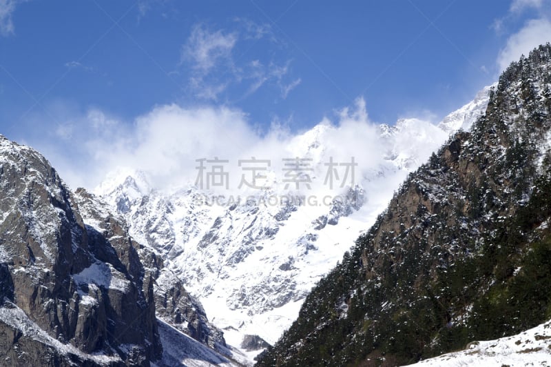 高处,山,高加索山脉,天空,沟壑,水平画幅,雪,无人,尖峰,户外