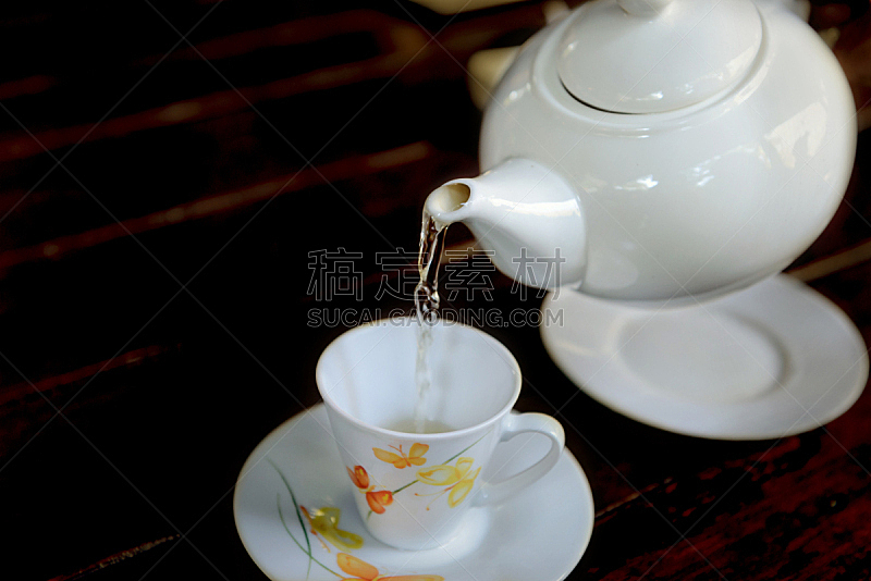 杯,茶,茶壶,时间,工间休息,茶杯,水,褐色,水平画幅,无人
