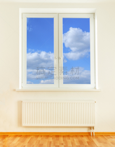 散热器,窗户,透过窗户往外看,天空,蓝色,垂直画幅,墙,无人,塑胶,金属