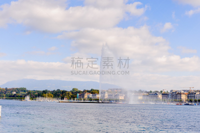 瑞士,日内瓦湖大喷泉,喷泉,日内瓦,巨大的,天空,水平画幅,海港,古老的,夏天