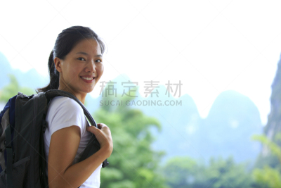 女人,徒步旅行,天空,留白,半身像,黑发,夏天,异国情调,阳朔,图像