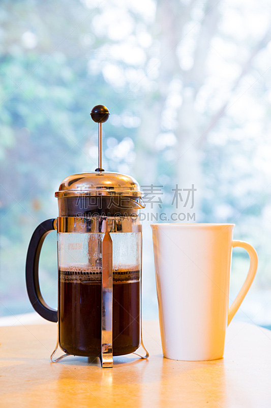 咖啡,滤压壶,饮料,咖啡杯,奶油,杯,垂直画幅,早餐,图像,糖