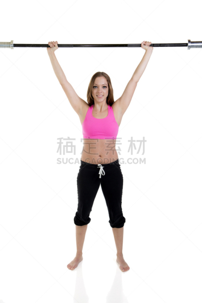 提举,杠铃,青年女人,在上面,挺举,垂直画幅,正面视角,留白,健康,白人