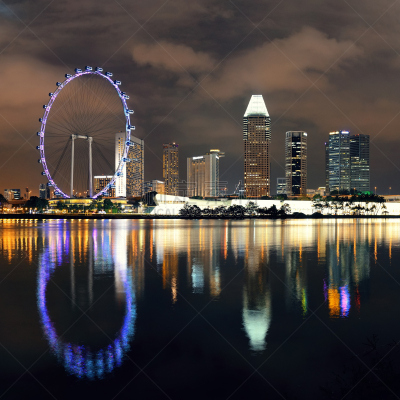 新加坡,城市天际线,滨海湾 ,夜晚,亚洲,滨水,全景,黄昏,摩天大楼,图像