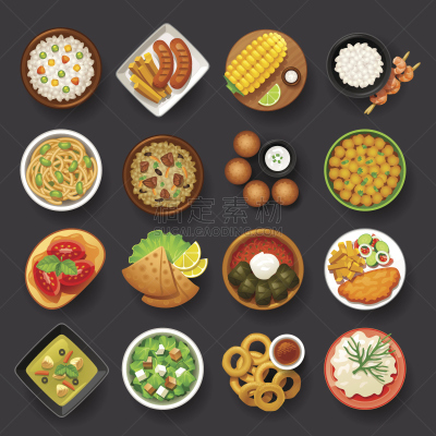 盘子,图标集,四个物体,炸丸子,肉饭,鹰嘴豆,格子烤肉,绘画插图,椒类食物,商业厨房