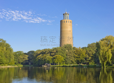 奥斯坦德,水塔,公园,古老的,池塘,比利时,看,树园,水,天空