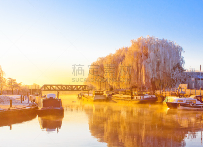 冬天,早晨,非凡的,,伊利,英国剑桥,河岸,驳船,商用码头,海港